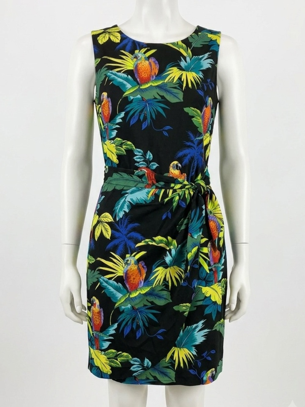 Sleeveless Tropical Parrot Sheath Dress - Black with Multicolor Print